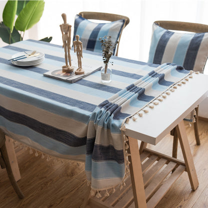 Waterproof Tablecloth Mediterranean Style Blue Striped Tassel Table Cloth Tablecloth Cotton Linen Coffee Table Cloth Cover Towel